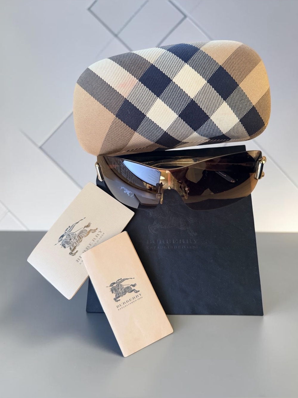 Vintage Burberry Plaid Shield Sunglasses • Made in Italy • Complete Set
